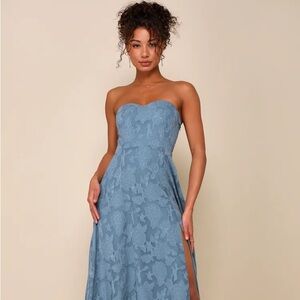 Garden of Romance Dusty Blue Floral Burnout Strapless Maxi Dress